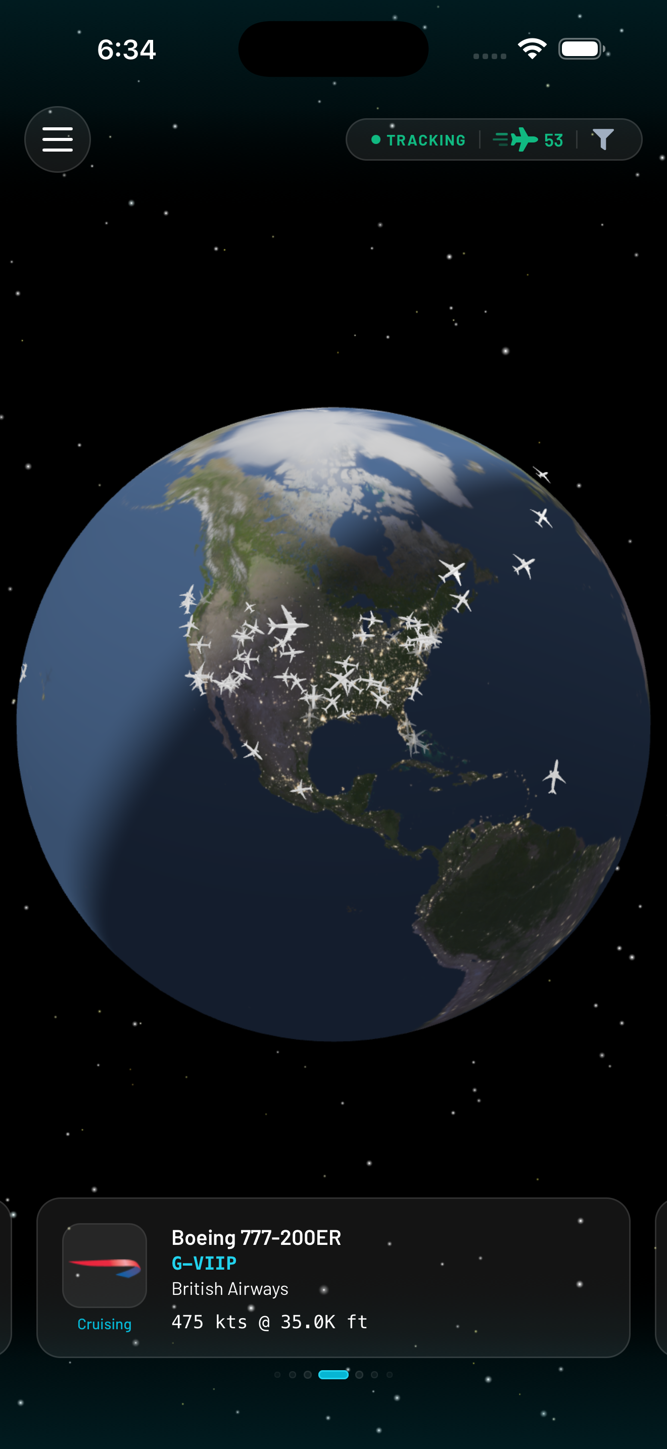 Fleet app showing live aircraft tracking on a 3D globe